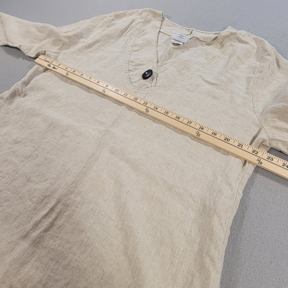 Vintage Hot Cotton Linen Blouse Women's XL Tan V Neck 3/4 Sleeve Top Made In USA - Picture 7 of 9